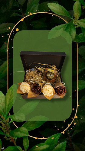 پک هدیه شامل گلدان چوبی لیوان پیرکس دسته چوبی گل روبانی هارد باکس مشکی