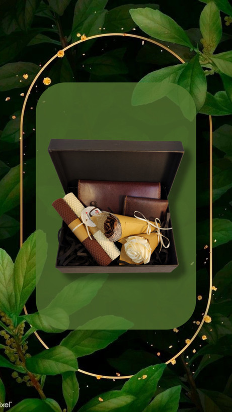 ست هدیه شامل کیف پول چرم طبیعی جاکارتی چرم طبیعی ۲ عدد گل روبانی شمع زنبوری دو عددی بزرگ